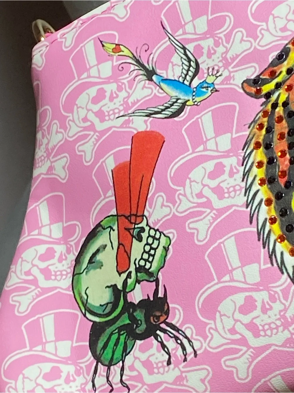 Ed Hardy Pink Graphic Shoulder Bag with Rhinestone Tiger, Gold Chain Accents